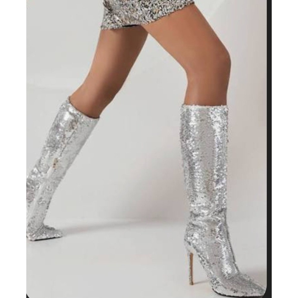 Ellie Stiletto Boots Size 10 Sexy Silver Metallic Sequin Heels Drag  Clubbing